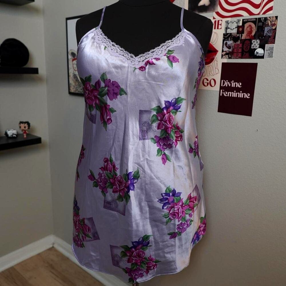Secret Treasures Lavender Floral Satin Slip Dress Lace Trim Coquette 1XL
